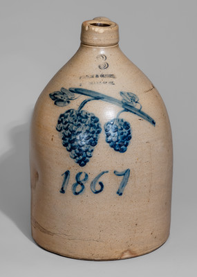 Very Rare Three-Gallon PRUDEN & OLCOTT / 185 DUANE ST, NY Grapes Jug, Dated 1867