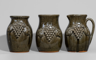 Three Pieces of John Meaders, Cleveland, GA Stoneware w/ Applied Grapes Motif, late 20th century