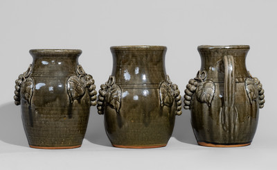 Three Pieces of John Meaders, Cleveland, GA Stoneware w/ Applied Grapes Motif, late 20th century