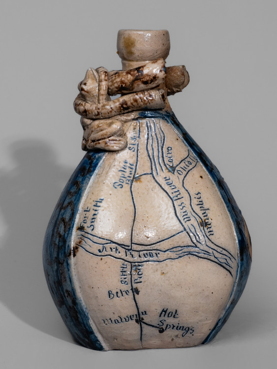 Very Rare Figural-Decorated Stoneware Flask with Incised Map and Two-Color Slip Decoration, attributed to Jacob Bachley, Tekarkana Pottery, Texarkana, AR, circa 1880.  