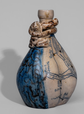 Very Rare Figural-Decorated Stoneware Flask with Incised Map and Two-Color Slip Decoration, attributed to Jacob Bachley, Tekarkana Pottery, Texarkana, AR, circa 1880.  