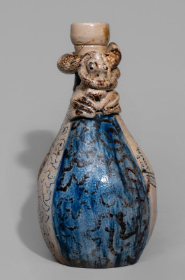 Very Rare Figural-Decorated Stoneware Flask with Incised Map and Two-Color Slip Decoration, attributed to Jacob Bachley, Tekarkana Pottery, Texarkana, AR, circa 1880.  