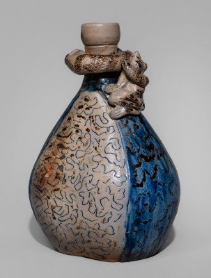 Very Rare Figural-Decorated Stoneware Flask with Incised Map and Two-Color Slip Decoration, attributed to Jacob Bachley, Tekarkana Pottery, Texarkana, AR, circa 1880.  