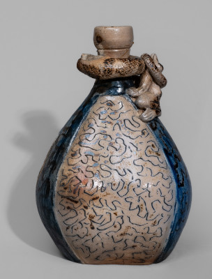 Very Rare Figural-Decorated Stoneware Flask with Incised Map and Two-Color Slip Decoration, attributed to Jacob Bachley, Tekarkana Pottery, Texarkana, AR, circa 1880.  