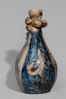 Very Rare Figural-Decorated Stoneware Flask with Incised Map and Two-Color Slip Decoration, attributed to Jacob Bachley, Tekarkana Pottery, Texarkana, AR, circa 1880.  