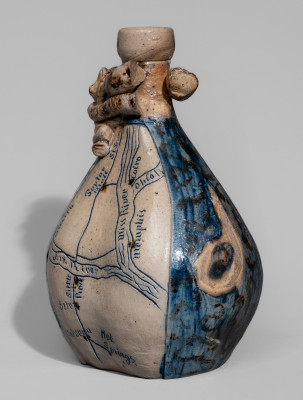 Very Rare Figural-Decorated Stoneware Flask with Incised Map and Two-Color Slip Decoration, attributed to Jacob Bachley, Tekarkana Pottery, Texarkana, AR, circa 1880.  