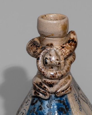 Very Rare Figural-Decorated Stoneware Flask with Incised Map and Two-Color Slip Decoration, attributed to Jacob Bachley, Tekarkana Pottery, Texarkana, AR, circa 1880.  