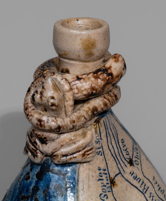 Very Rare Figural-Decorated Stoneware Flask with Incised Map and Two-Color Slip Decoration, attributed to Jacob Bachley, Tekarkana Pottery, Texarkana, AR, circa 1880.  
