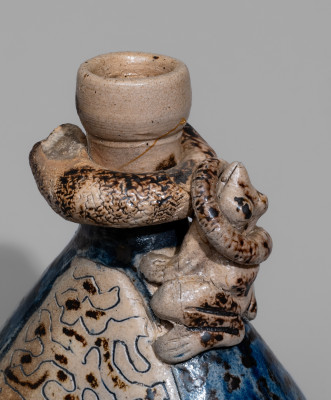Very Rare Figural-Decorated Stoneware Flask with Incised Map and Two-Color Slip Decoration, attributed to Jacob Bachley, Tekarkana Pottery, Texarkana, AR, circa 1880.  