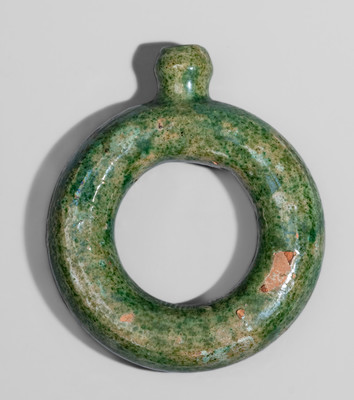 Rare Small-Sized Southern Redware Ring Bottle w/ Copper Glaze, possibly Salem, North Carolina