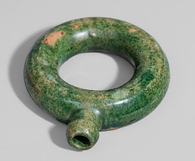Rare Small-Sized Southern Redware Ring Bottle w/ Copper Glaze, possibly Salem, North Carolina