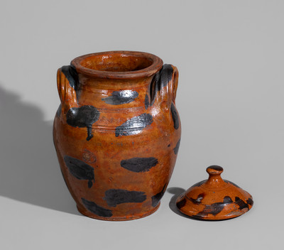 Exceptional attrib. Cain Pottery, Sullivan County, TN Lidded Redware Jar w/ Bold Manganese Slash Decoration
