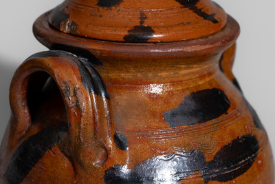 Exceptional attrib. Cain Pottery, Sullivan County, TN Lidded Redware Jar w/ Bold Manganese Slash Decoration