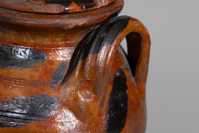 Exceptional attrib. Cain Pottery, Sullivan County, TN Lidded Redware Jar w/ Bold Manganese Slash Decoration