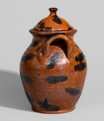 Exceptional Cain Pottery, Sullivan County, Tennessee, Lidded Redware Jar