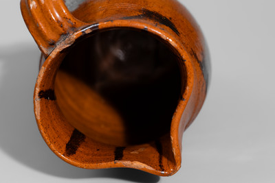Exceptional attrib. Cain Pottery, Sullivan Co, TN Redware Pitcher w/ Profuse Manganese and Yellow Slip Slash Decoration