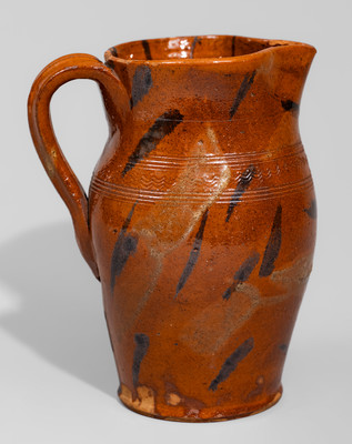 Exceptional attrib. Cain Pottery, Sullivan Co, TN Redware Pitcher w/ Profuse Manganese and Yellow Slip Slash Decoration