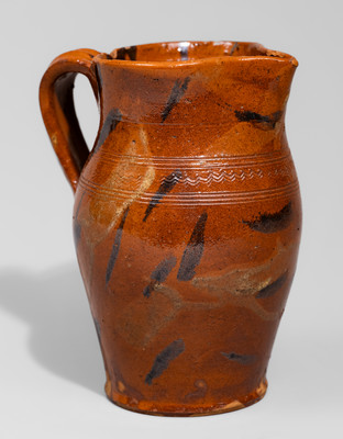 Exceptional attrib. Cain Pottery, Sullivan Co, TN Redware Pitcher w/ Profuse Manganese and Yellow Slip Slash Decoration