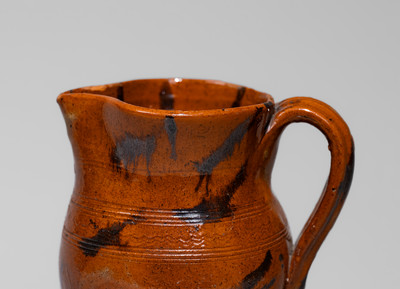 Exceptional attrib. Cain Pottery, Sullivan Co, TN Redware Pitcher w/ Profuse Manganese and Yellow Slip Slash Decoration