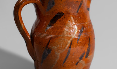 Exceptional attrib. Cain Pottery, Sullivan Co, TN Redware Pitcher w/ Profuse Manganese and Yellow Slip Slash Decoration