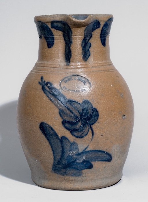 Rare and Fine Stoneware Pitcher with Cobalt Floral Decoration, Stamped 