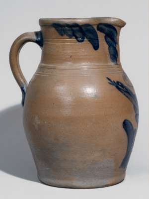 Rare and Fine Stoneware Pitcher with Cobalt Floral Decoration, Stamped 