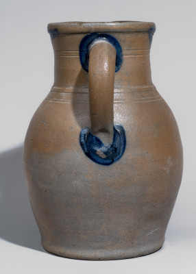 Rare and Fine Stoneware Pitcher with Cobalt Floral Decoration, Stamped 