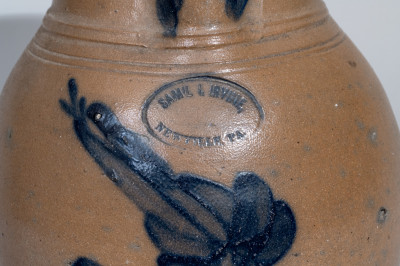 Rare and Fine Stoneware Pitcher with Cobalt Floral Decoration, Stamped 