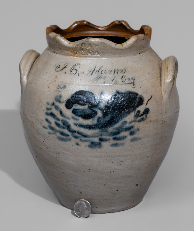 Cobalt-Decorated Stoneware Jar with Scalloped Rim, Incised 