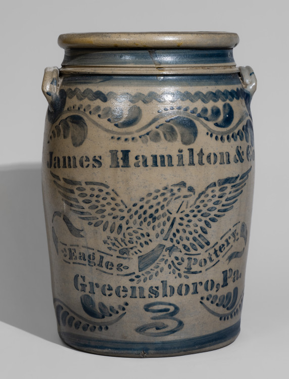 Exceptional JAS. HAMILTON & CO. / GREENSBORO, PA Stoneware Jar with Elaborate Stenciled Eagle and Freehand Decoration