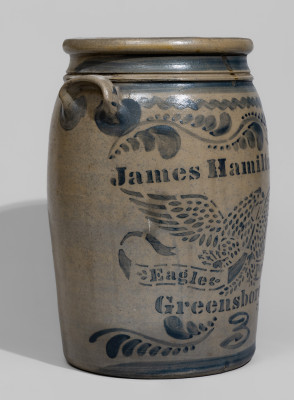 Exceptional JAS. HAMILTON & CO. / GREENSBORO, PA Stoneware Jar with Elaborate Stenciled Eagle and Freehand Decoration