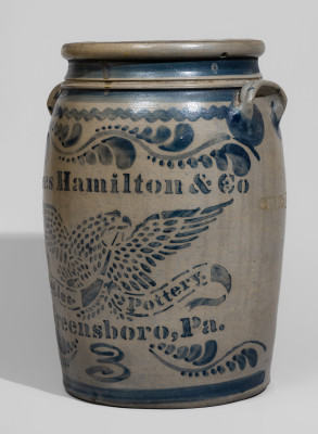 Exceptional JAS. HAMILTON & CO. / GREENSBORO, PA Stoneware Jar with Elaborate Stenciled Eagle and Freehand Decoration