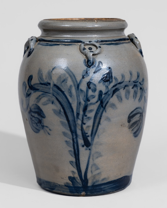 Exceptional Stoneware Jar with Elaborate Cobalt Floral Decoration and Applied Rings, Western PA origin, circa 1860.