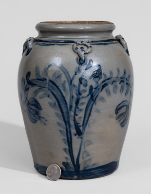 Exceptional Stoneware Jar with Elaborate Cobalt Floral Decoration and Applied Rings, Western PA origin, circa 1860.