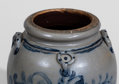 Exceptional Western PA Stoneware Jar w/ Elaborate Cobalt Floral Decoration and Applied Rings