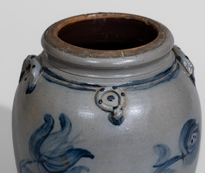 Exceptional Western PA Stoneware Jar w/ Elaborate Cobalt Floral Decoration and Applied Rings