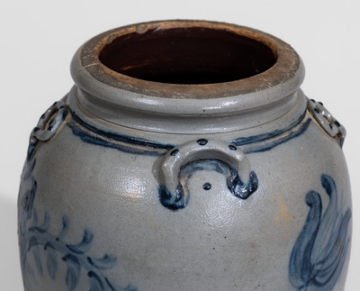 Exceptional Western PA Stoneware Jar w/ Elaborate Cobalt Floral Decoration and Applied Rings