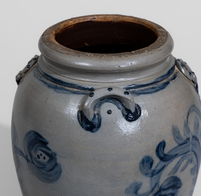 Exceptional Western PA Stoneware Jar w/ Elaborate Cobalt Floral Decoration and Applied Rings