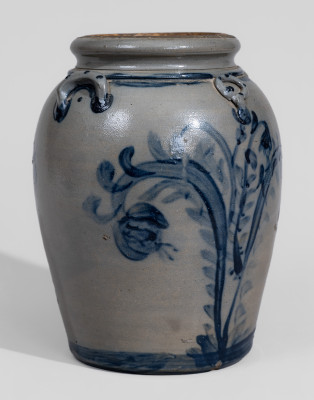 Exceptional Stoneware Jar with Elaborate Cobalt Floral Decoration and Applied Rings, Western PA origin, circa 1860.