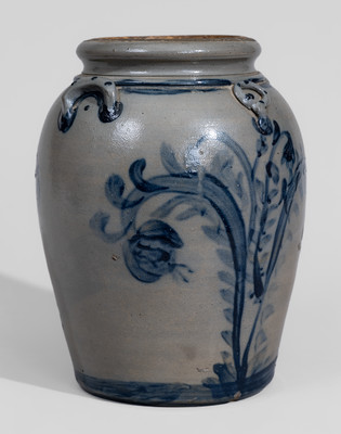 Exceptional Western PA Stoneware Jar w/ Elaborate Cobalt Floral Decoration and Applied Rings