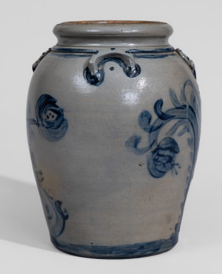 Exceptional Stoneware Jar with Elaborate Cobalt Floral Decoration and Applied Rings, Western PA origin, circa 1860.