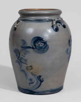 Exceptional Stoneware Jar with Elaborate Cobalt Floral Decoration and Applied Rings, Western PA origin, circa 1860.