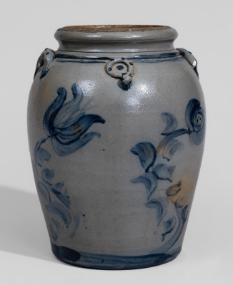 Exceptional Stoneware Jar with Elaborate Cobalt Floral Decoration and Applied Rings, Western PA origin, circa 1860.