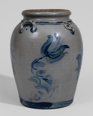 Exceptional Stoneware Jar with Elaborate Cobalt Floral Decoration and Applied Rings, Western PA origin, circa 1860.