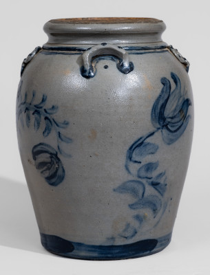 Exceptional Stoneware Jar with Elaborate Cobalt Floral Decoration and Applied Rings, Western PA origin, circa 1860.
