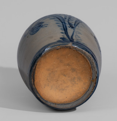 Exceptional Stoneware Jar with Elaborate Cobalt Floral Decoration and Applied Rings, Western PA origin, circa 1860.