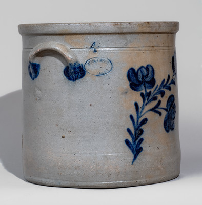 Four-Gallon SAM'L I. IRVINE, / NEWVILLE, PA Stoneware Crock w/ Cobalt Floral Decoration