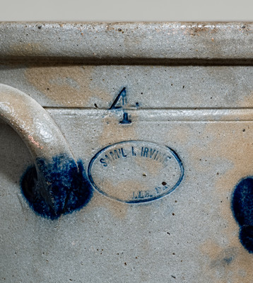Four-Gallon SAM'L I. IRVINE, / NEWVILLE, PA Stoneware Crock w/ Cobalt Floral Decoration