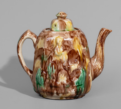 Unusual Polychrome-Glazed Redware Rebekah-at-the-Well Teapot