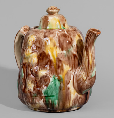 Unusual Polychrome-Glazed Redware Rebekah-at-the-Well Teapot